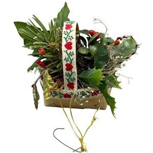 Christmas basket holly berries pine candy cane heart floral green brown READ